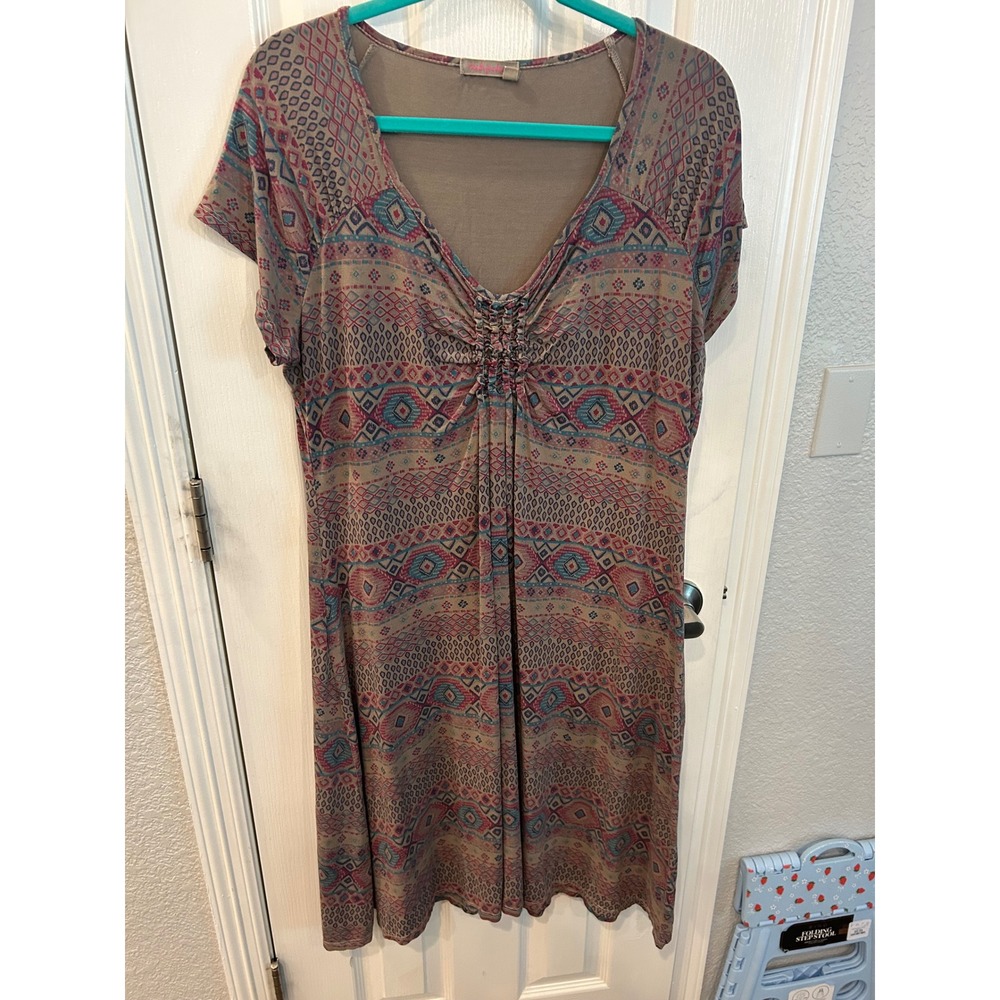 Fresh Produce Midi Dress Tan Pink Blue Geometric Tribal Print V-Neck XL USA Made